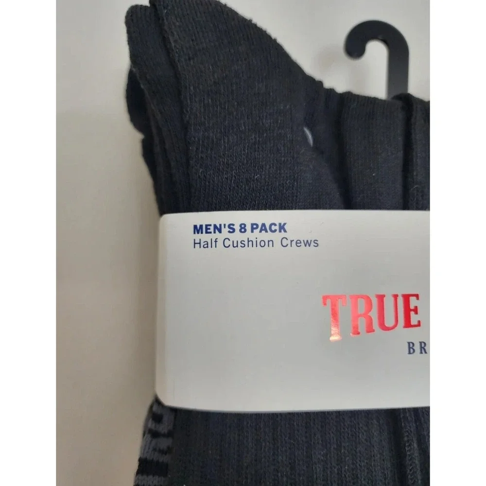 True Religion Mens 8 Pack Black‎ Half Cushion Crew Socks Shoe Sz 12-15